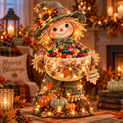 🍂 Harvest Glow™ – Lighted Scarecrow Candy Bowl