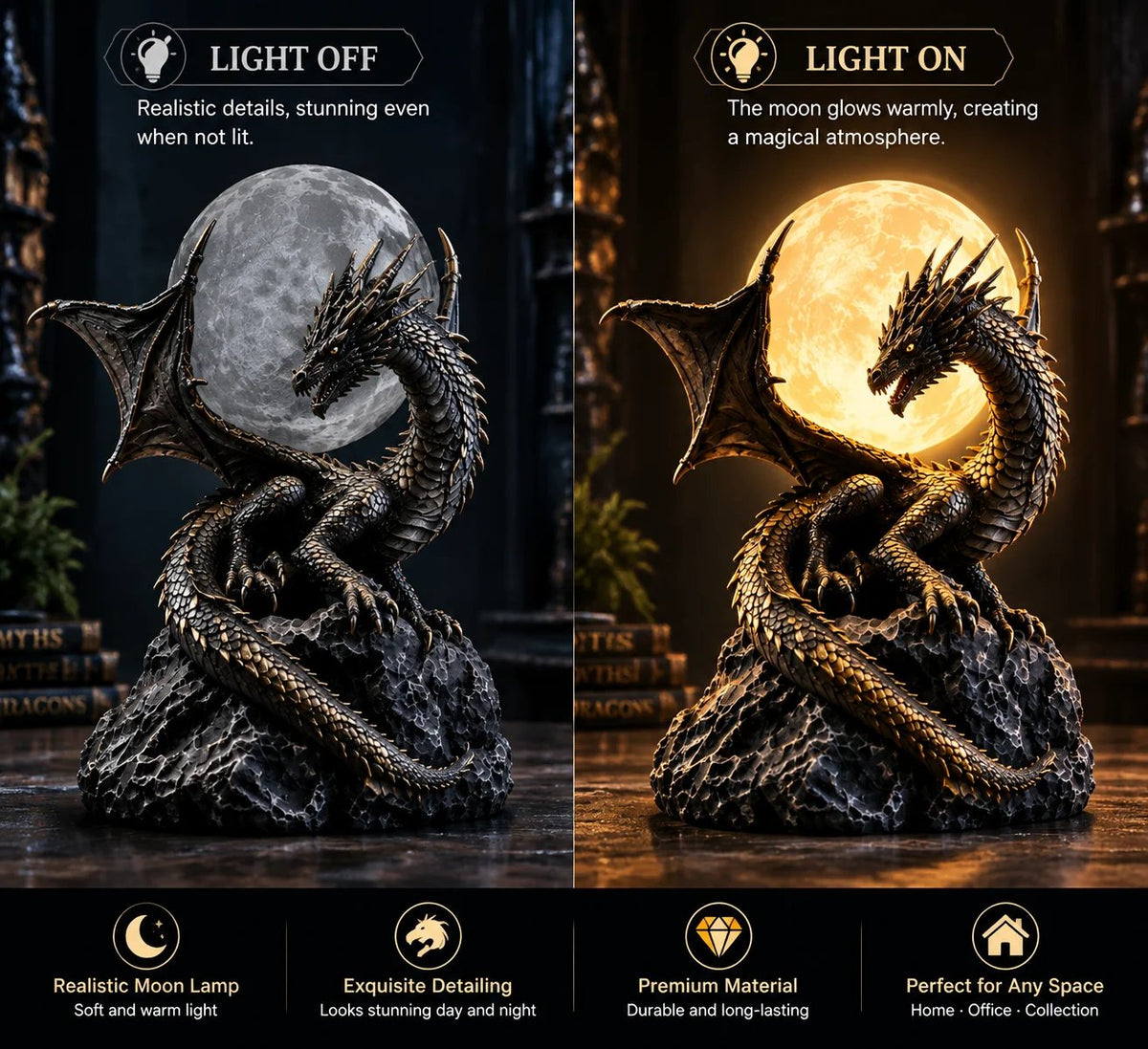 🐉 Gothic Dragon Moon Globe Statue Lamp
