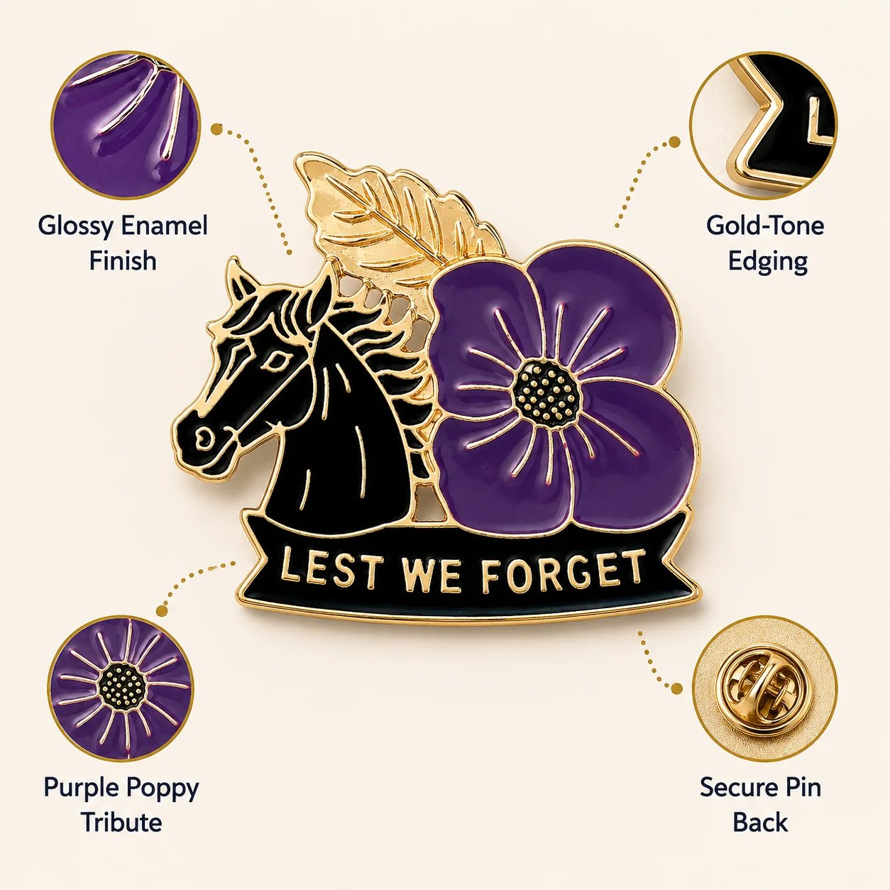 Purple enamel, gold-tone edging and pin-back details