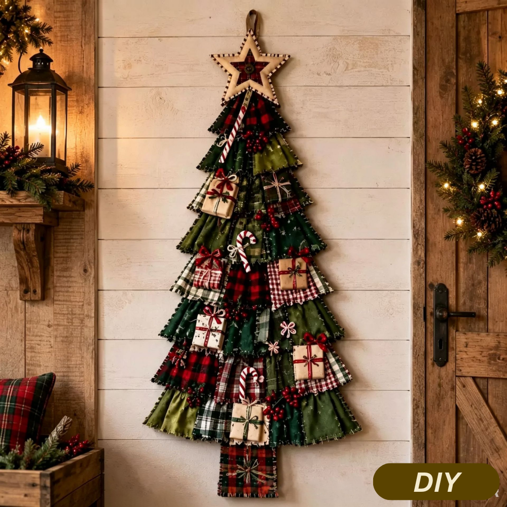 Finished DIY patchwork Christmas tree wall decor