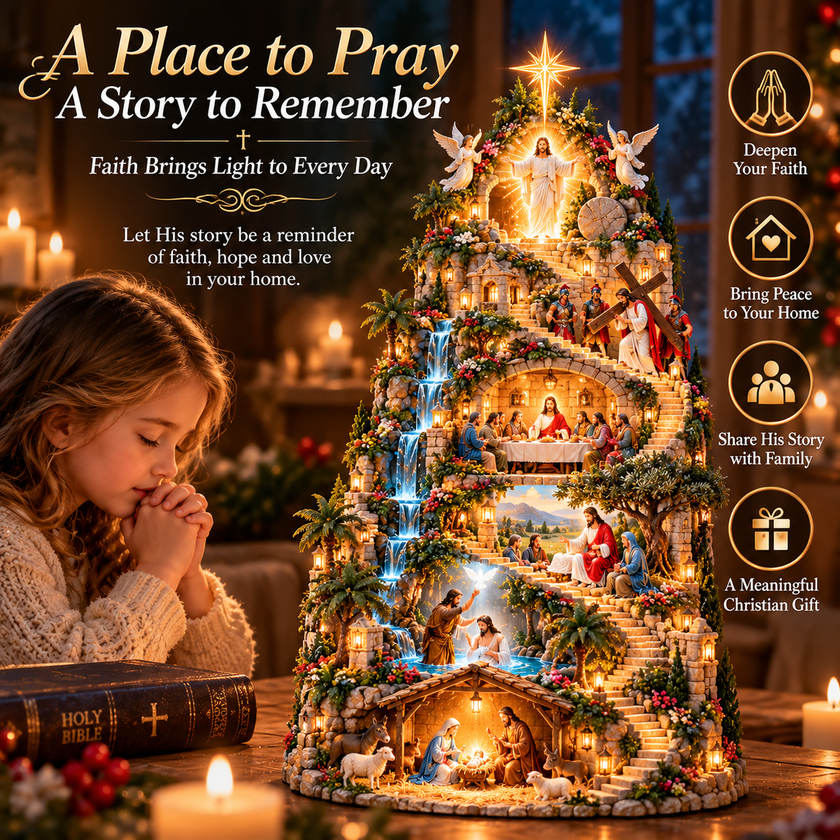 ✝️ The Journey of Faith™ – Lighted 3D Jesus Life Story Mountain with 6 Sacred Biblical Scenes