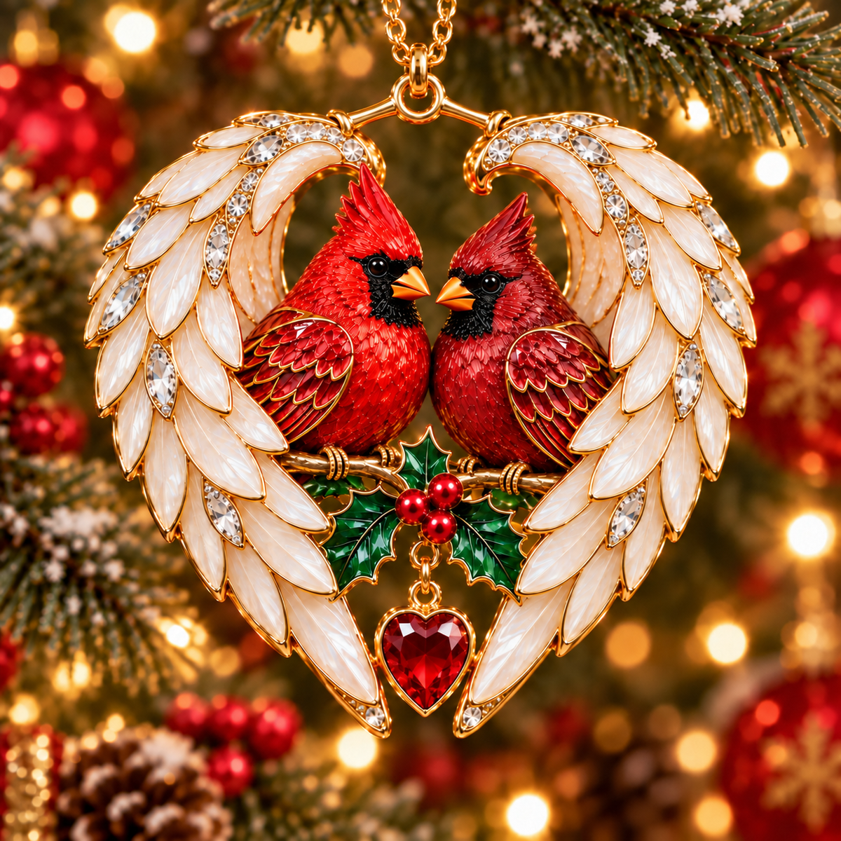 Two red cardinals framed by white heart-shaped angel wings with gold-tone edging