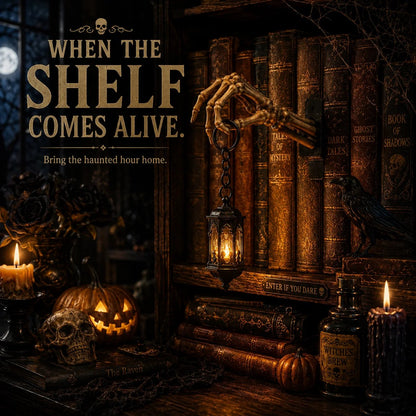 ⏳ Last Day 49% OFF – 💀 Skeleton Hand Lantern Bookshelf Light | Battery-Powered Gothic Shelf Décor with Warm Amber LED, Cord-Free Design & No-Tool Setup 🕯️