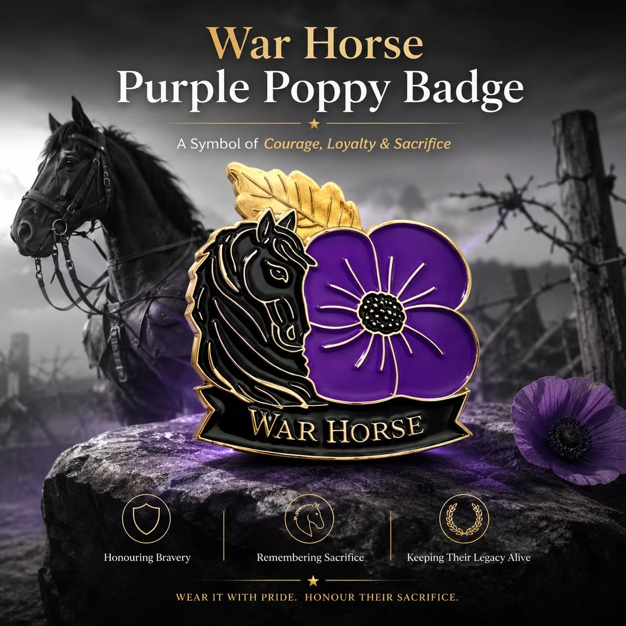 War Horse Purple Poppy remembrance brooch presentation