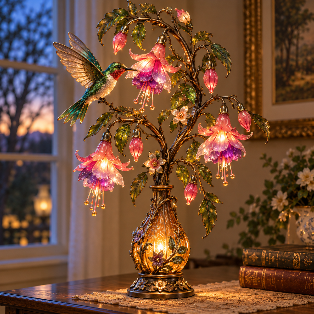 ⏰Limited Stock 50% OFF - 🌸 Hummingbird & Fuchsia Flower Lamp | Lighted Floral Table Decor ✨