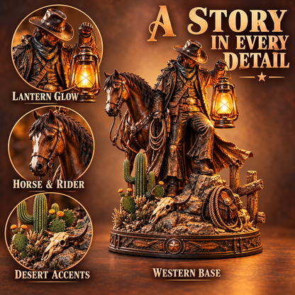 ✨Last Light of the Frontier – Western Rider & Horse Lantern Statue