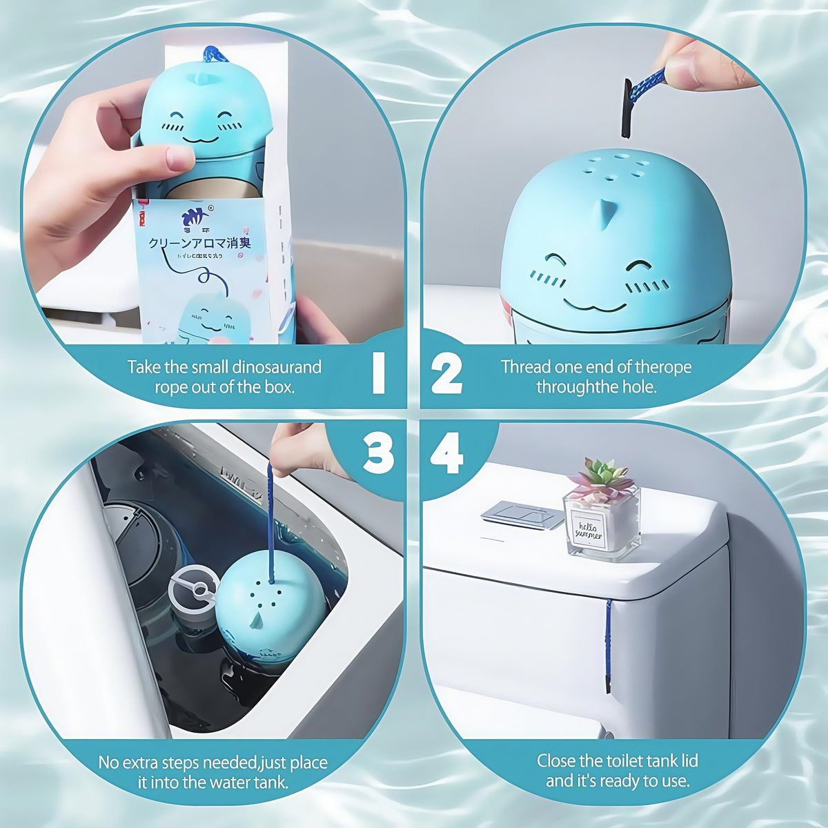 Four-step installation of the dinosaur toilet tank cleaner