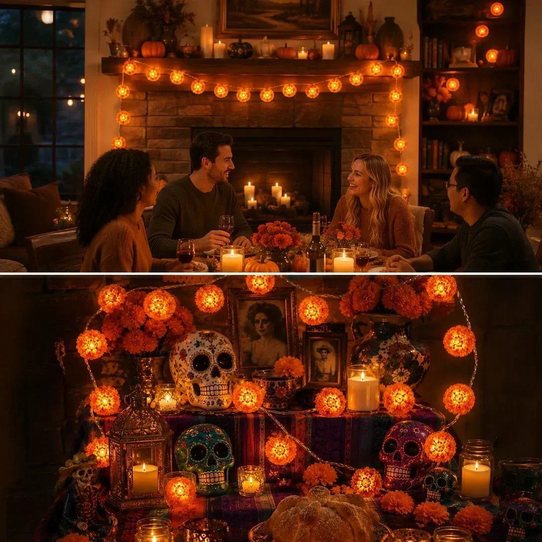 🎁Luces LED de cempasúchil para Día de Muertos | 3 m y 20 flores