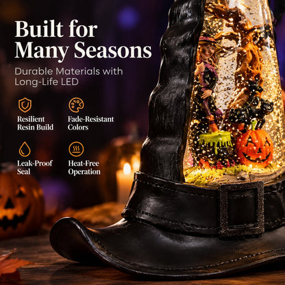 Halloween Witch Hat Lighted Water Lantern with Glitter Swirl and Festive LED Glow