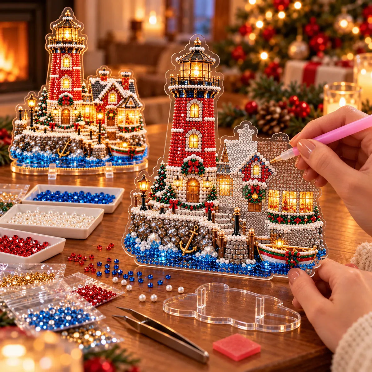 ✨ Premium Pearl Christmas Lighthouse Diamond Painting Art Kit | Luxury Flocked Canvas with Scratch-Resistant Non-Fading Pearl Beads DIY Holiday Decor 🎅⛄️❄️