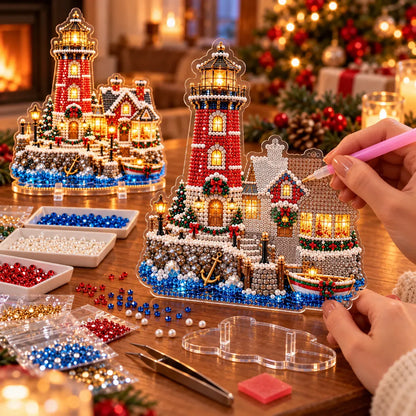 ✨ Premium Pearl Christmas Lighthouse Diamond Painting Art Kit | Luxury Flocked Canvas with Scratch-Resistant Non-Fading Pearl Beads DIY Holiday Decor 🎅⛄️❄️