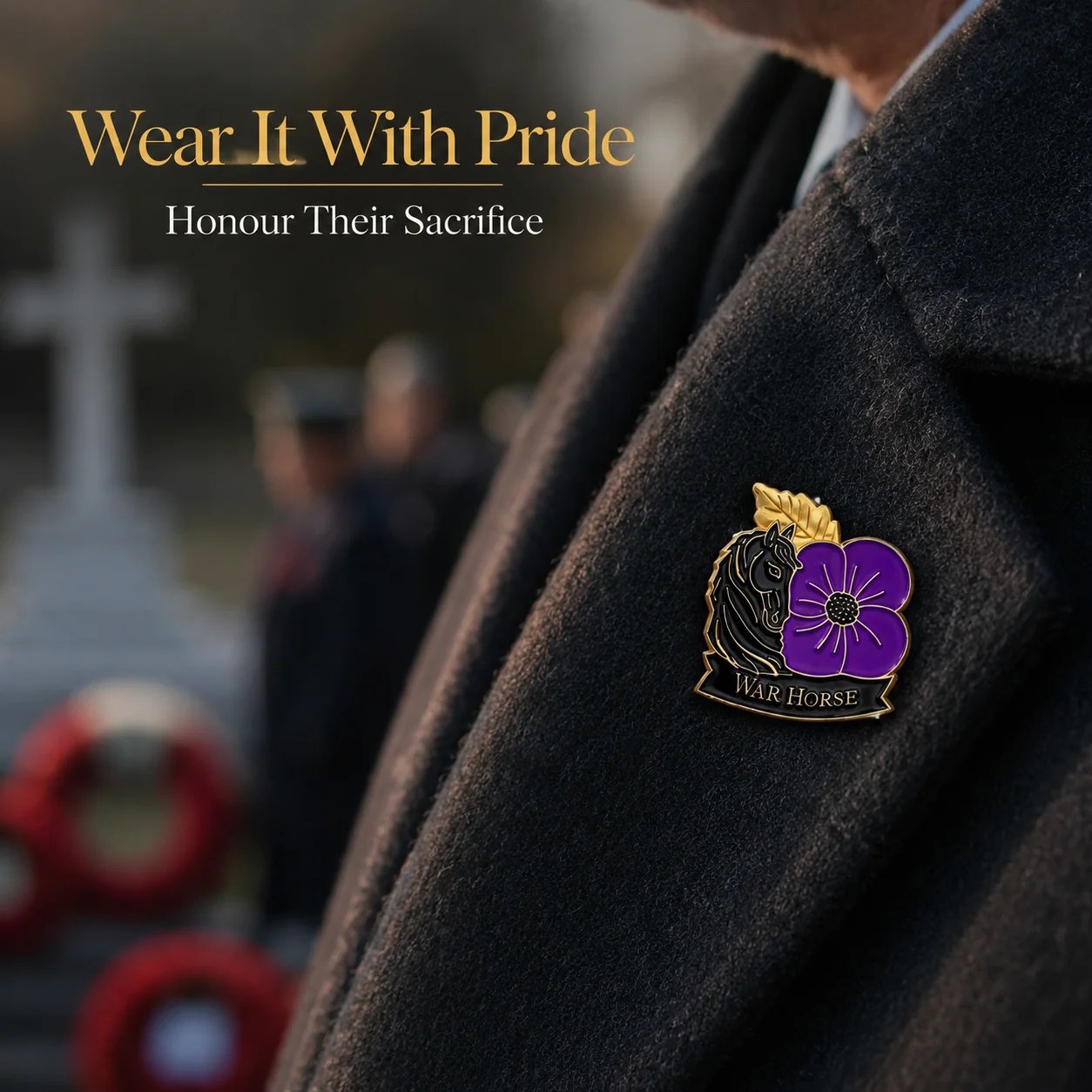 War Horse Purple Poppy brooch worn on a dark coat lapel