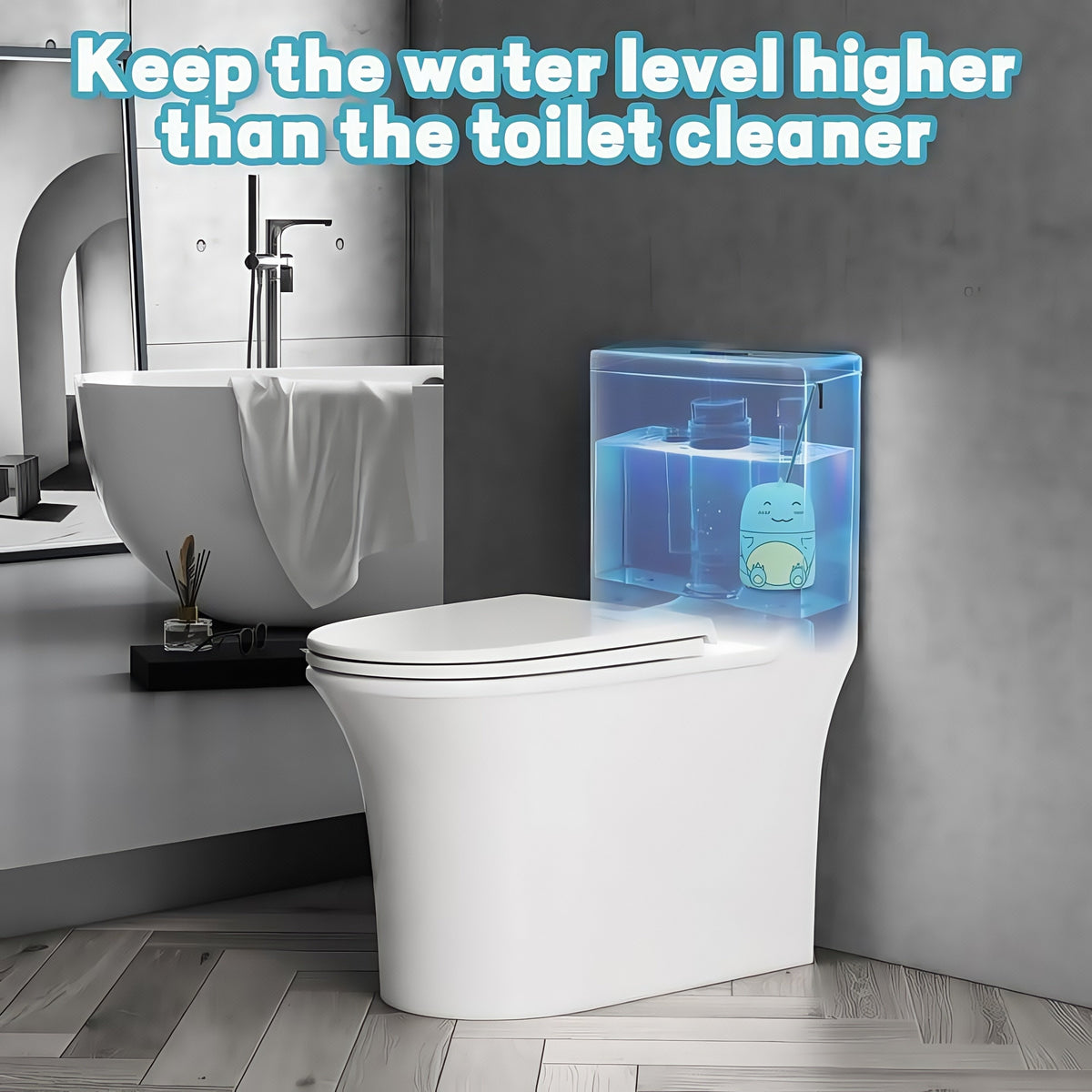Three pastel dinosaur toilet tank cleaners in a bright modern bathroom