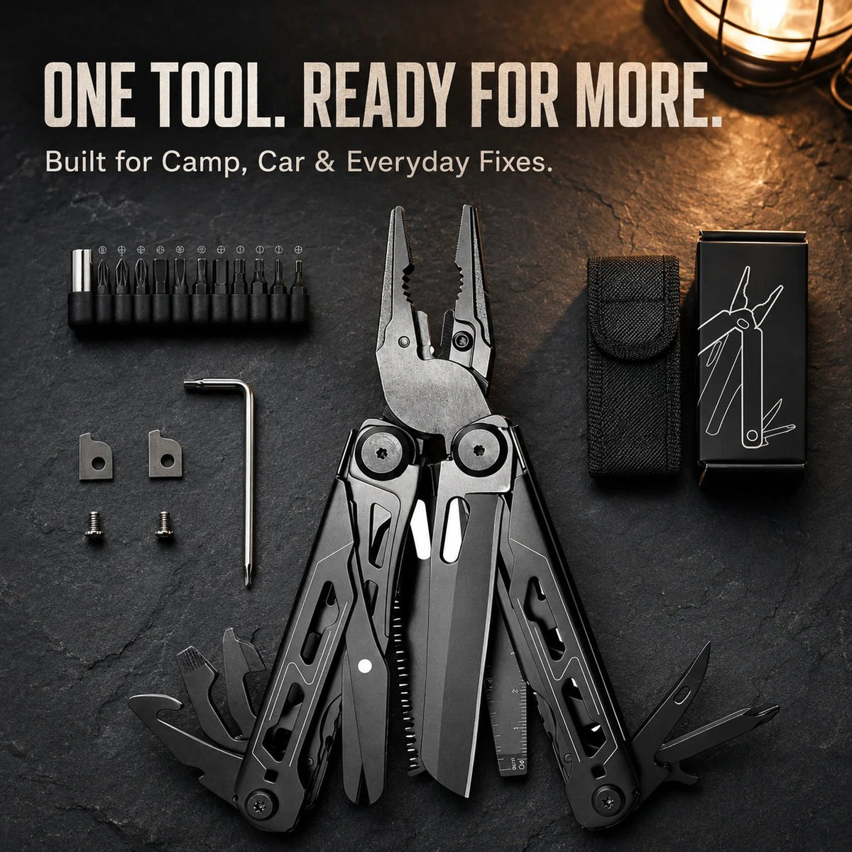🏕️ 16-in-1 Camping Multi-Tool with Full-Size Scissors & Carrying Pouch