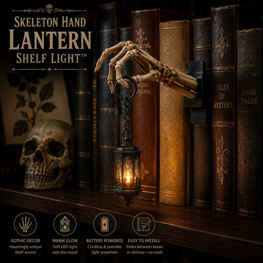 ⏳ Last Day 49% OFF – 💀 Skeleton Hand Lantern Bookshelf Light | Battery-Powered Gothic Shelf Décor with Warm Amber LED, Cord-Free Design & No-Tool Setup 🕯️
