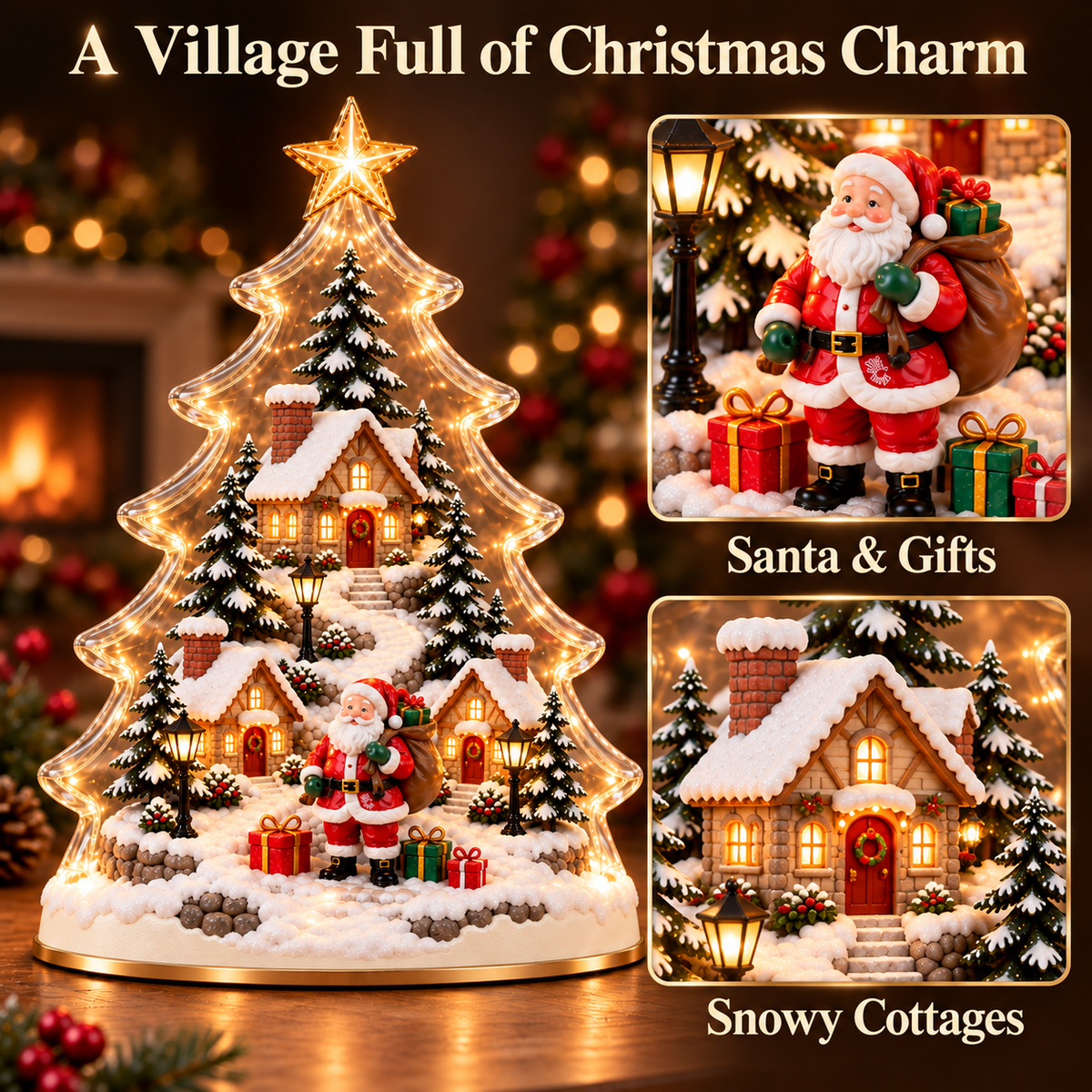Christmas village tree with close-up views of Santa, presents, and an illuminated snowy cottage