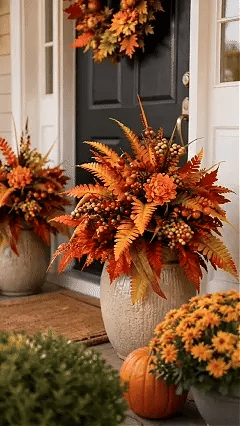 Animated preview of upright autumn floral arrangements in a styled front entrance