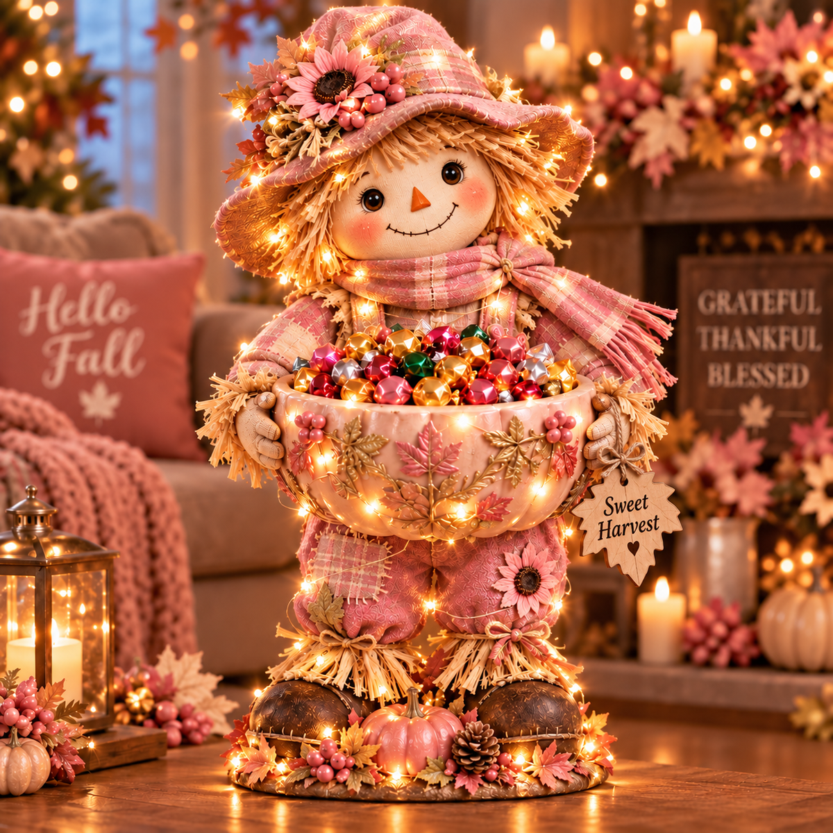 🍂 Harvest Glow™ – Lighted Scarecrow Candy Bowl