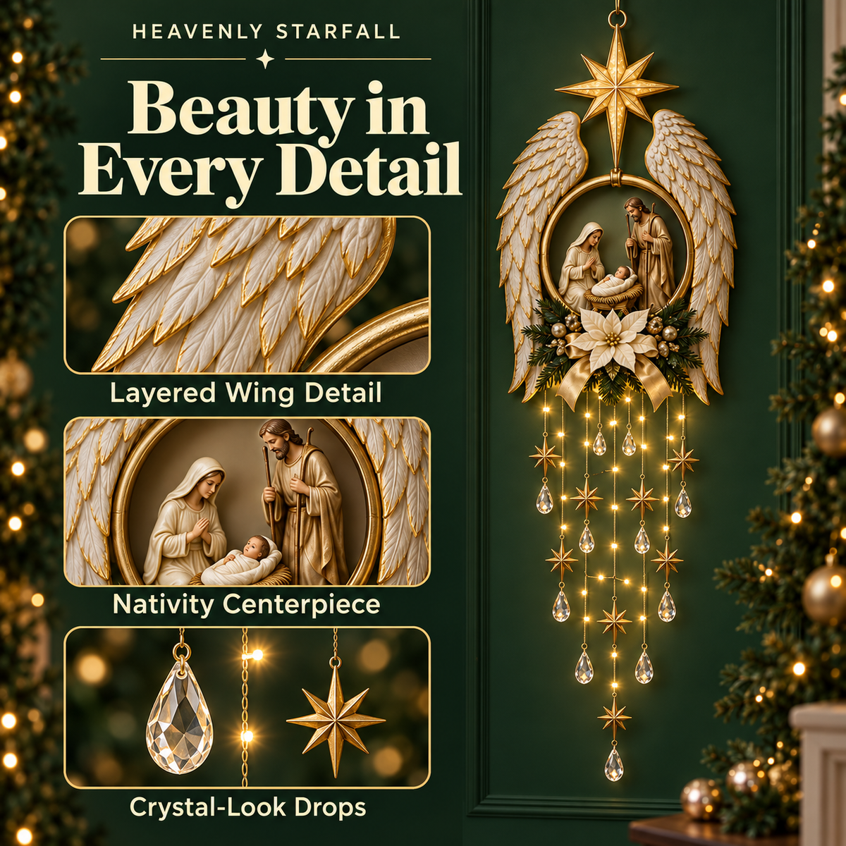 Heavenly Starfall – Angel Wings Nativity Wall Light for a Meaningful Christmas