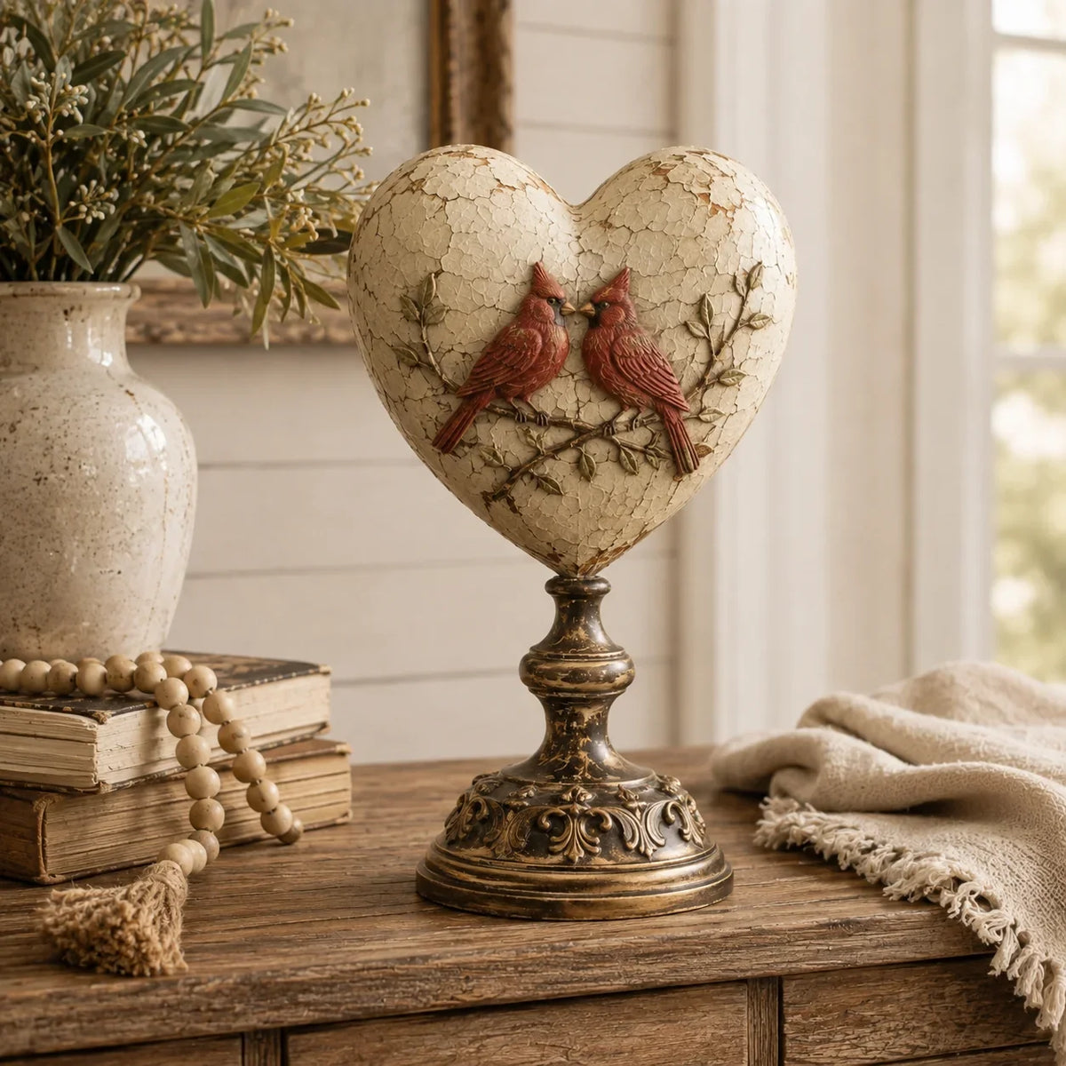 🐦 Vintage Two-Cardinal Keepsake Heart