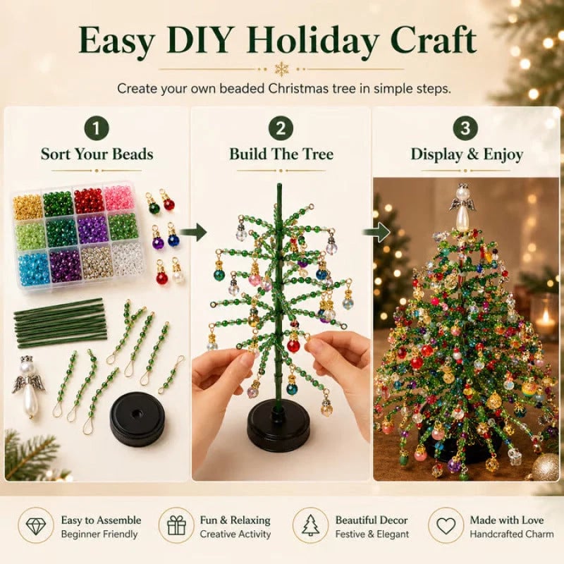 🎄 DIY Beaded Christmas Tree Kit — Warm LED Lights Included | Complete Craft Set: Crystal Beads, Angel Topper, Base & String Lights | Hand-Made Mini Tree That Looks Straight Off a Boutique Shelf | Fun Holiday Project for Kids & Family