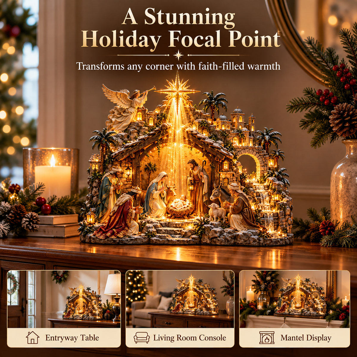 🌟 Bethlehem Starfall Nativity Village – Lighted Christmas Tabletop Décor