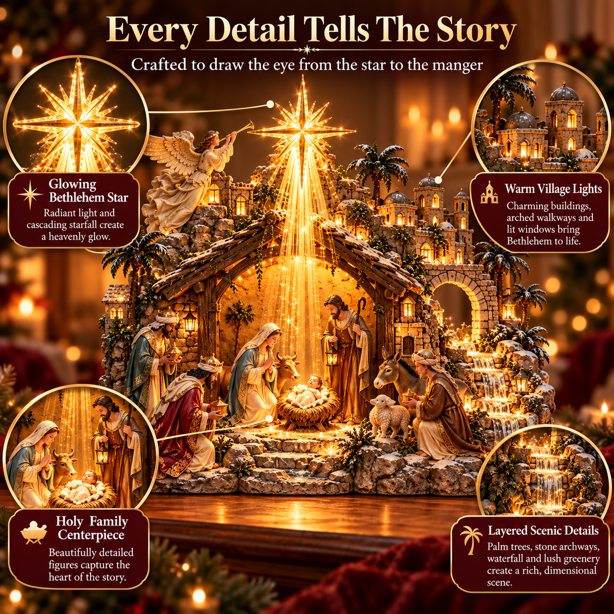 🌟 Bethlehem Starfall Nativity Village – Lighted Christmas Tabletop Décor