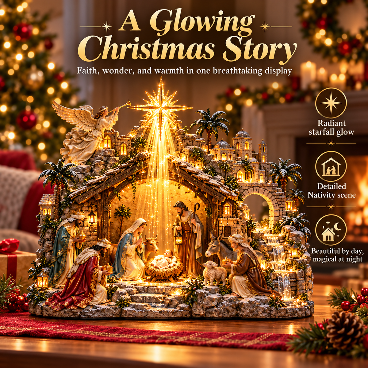 🌟 Bethlehem Starfall Nativity Village – Lighted Christmas Tabletop Décor