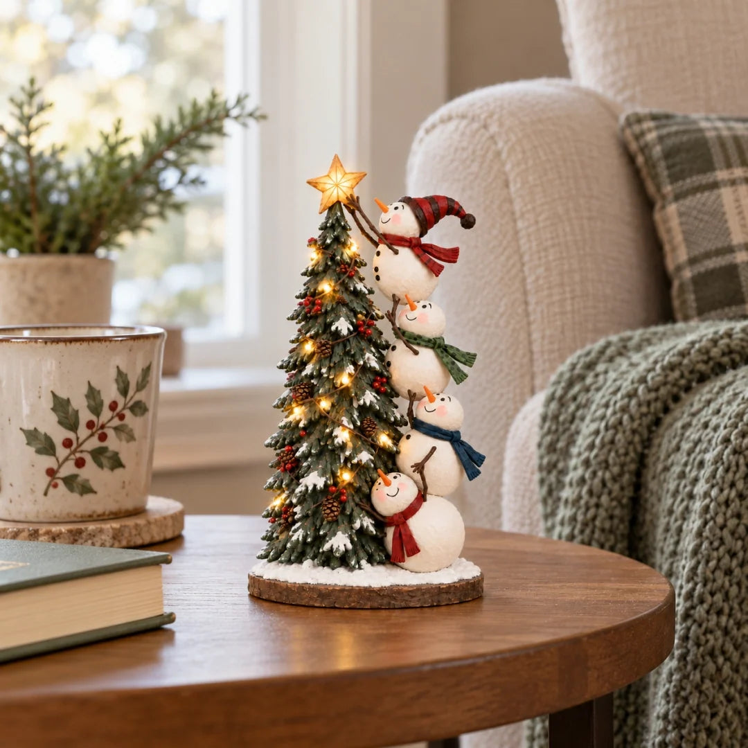 Snowmen Topping the Christmas Tree – Lighted Christmas Figurine