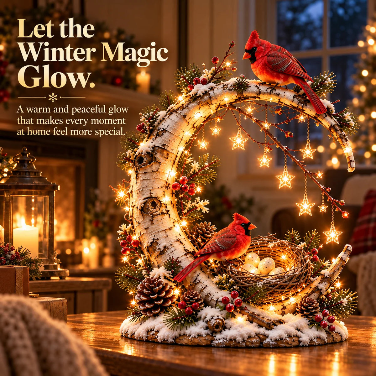 🌙 Cardinal Moonlight Haven | Lighted Crescent Moon & Nest Decor