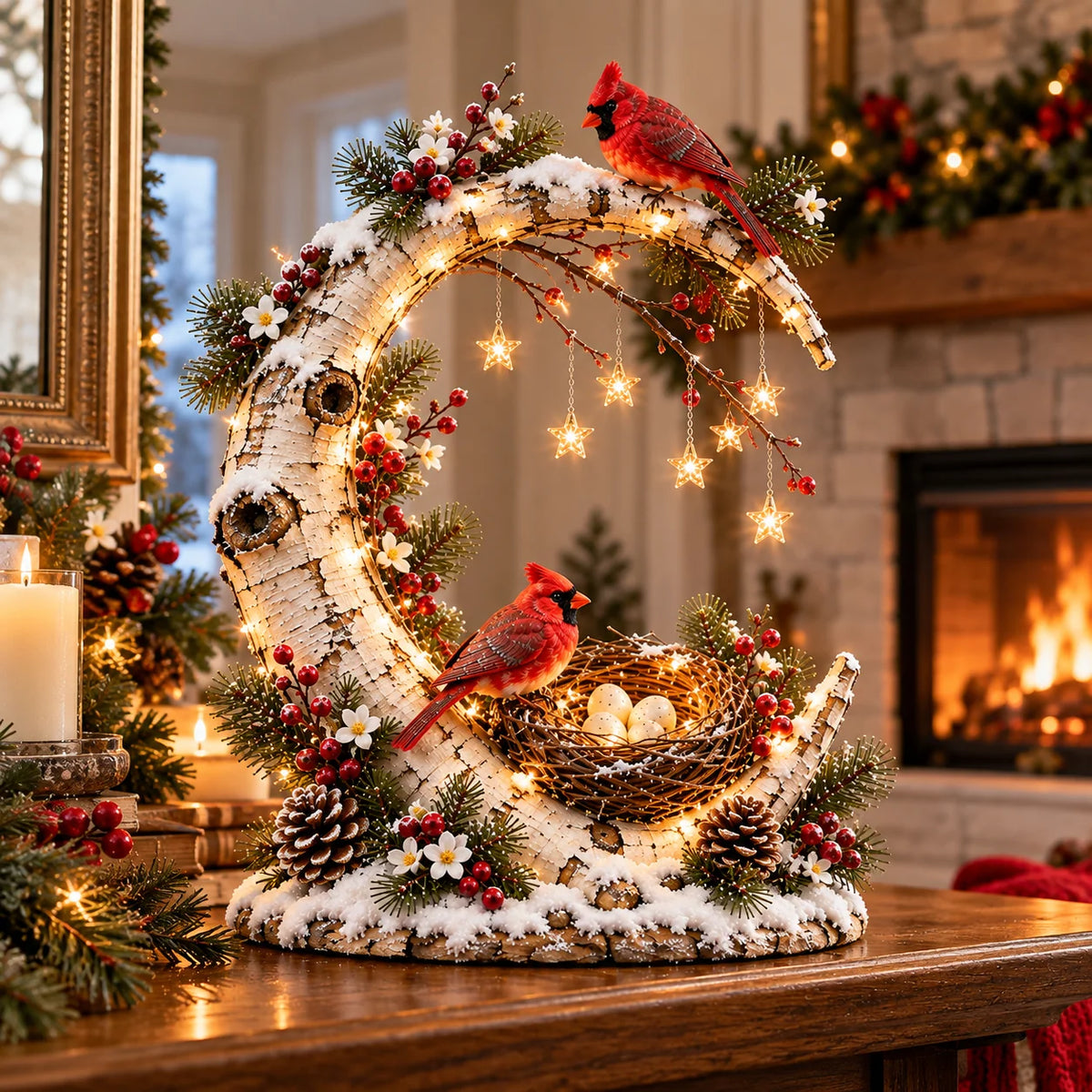 🌙 Cardinal Moonlight Haven | Lighted Crescent Moon & Nest Decor