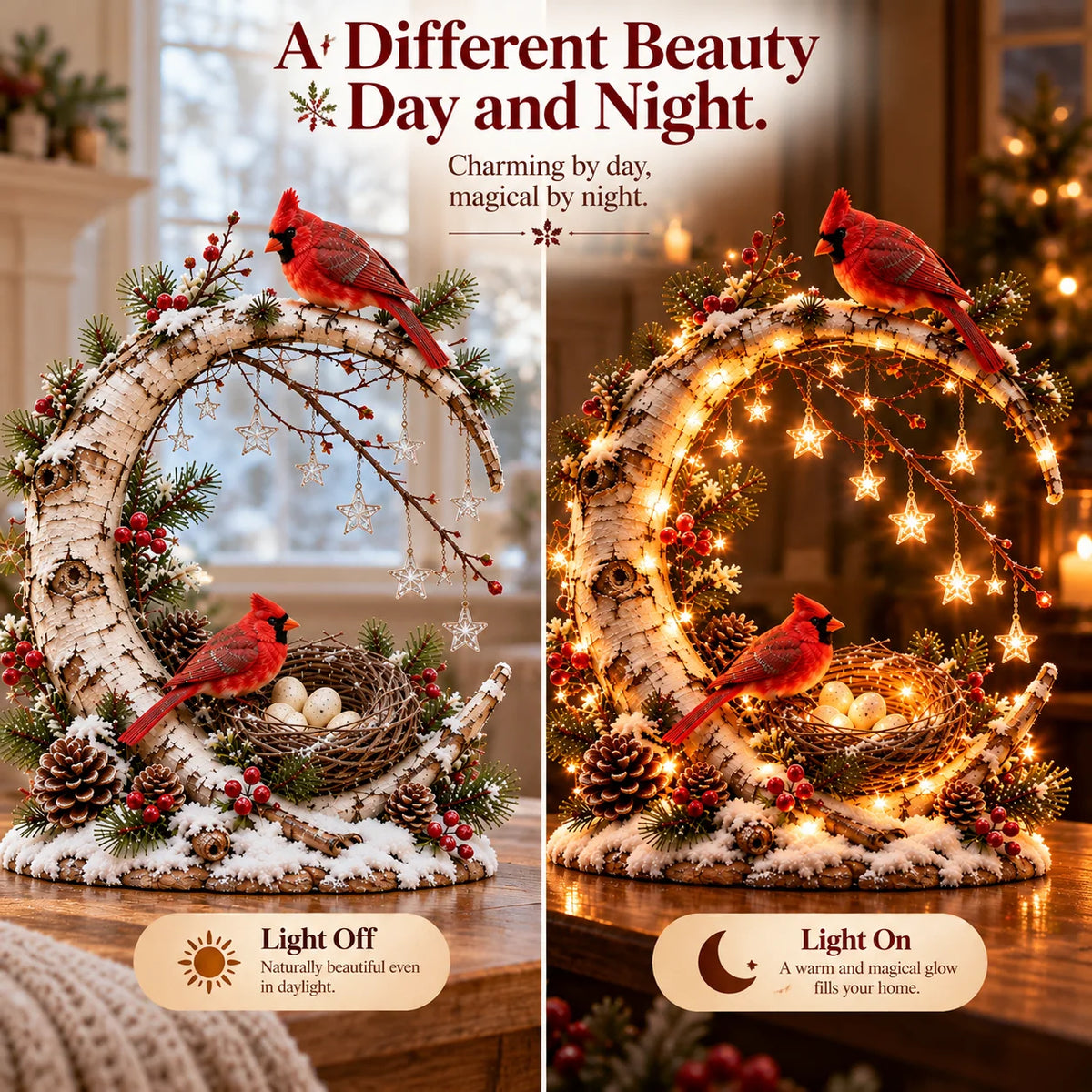 🌙 Cardinal Moonlight Haven | Lighted Crescent Moon & Nest Decor