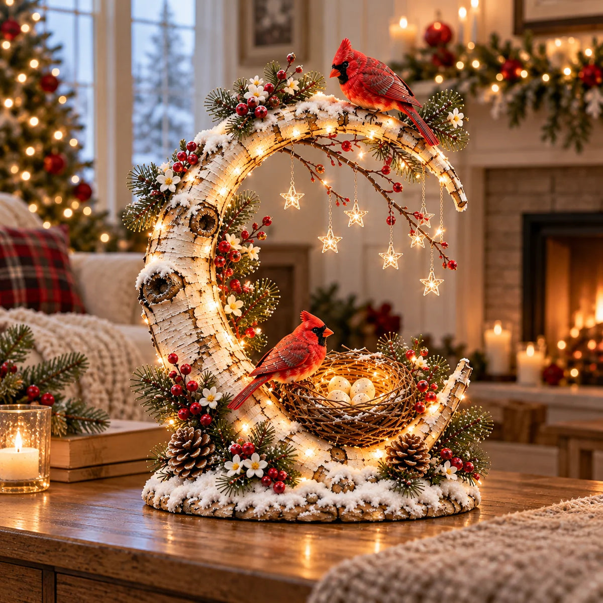 🌙 Cardinal Moonlight Haven | Lighted Crescent Moon & Nest Decor