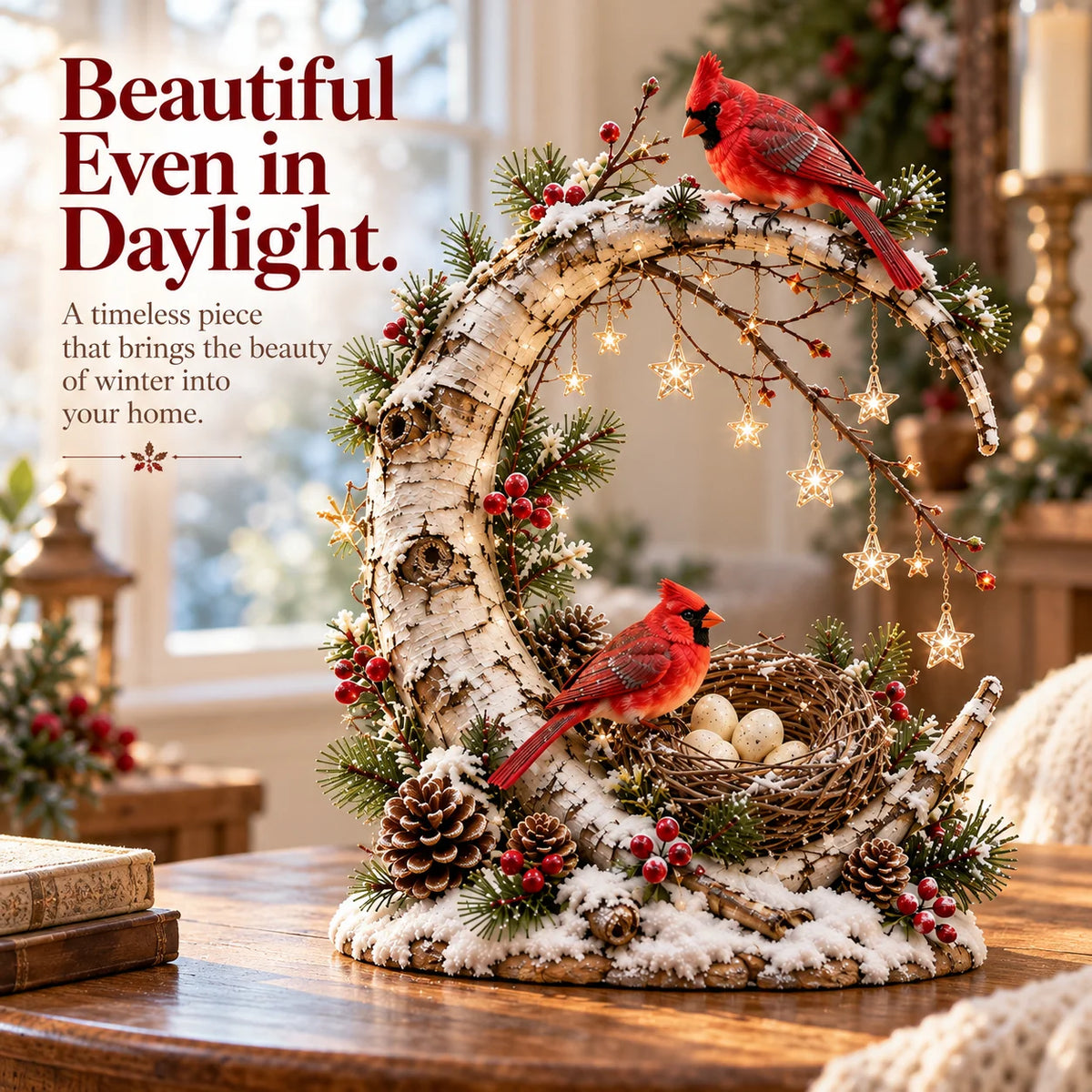 🌙 Cardinal Moonlight Haven | Lighted Crescent Moon & Nest Decor