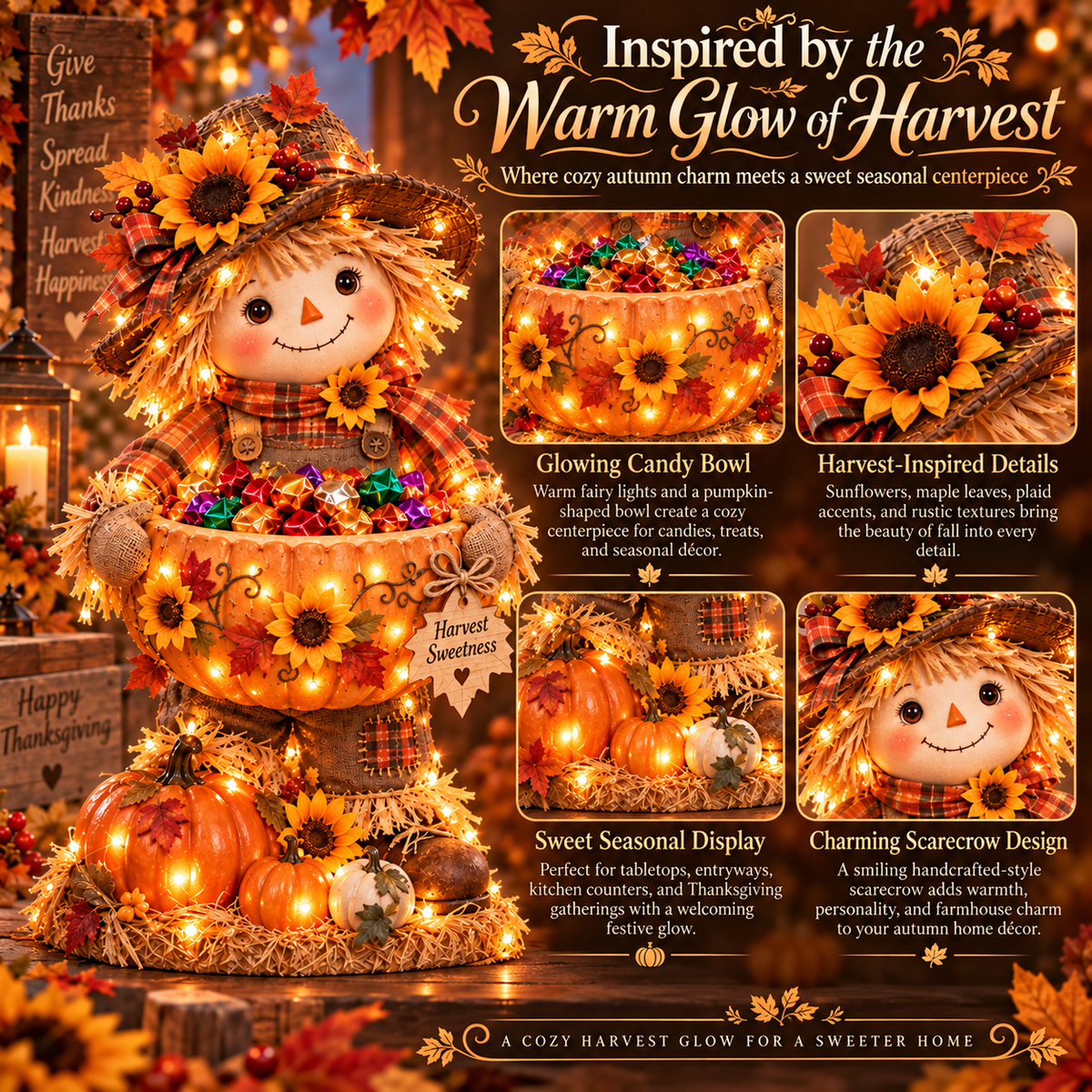 🍂 Harvest Glow™ – Lighted Scarecrow Candy Bowl
