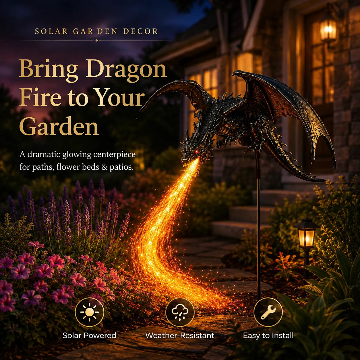 Close-up details and features of the Solar Dragon Fire Garden Light