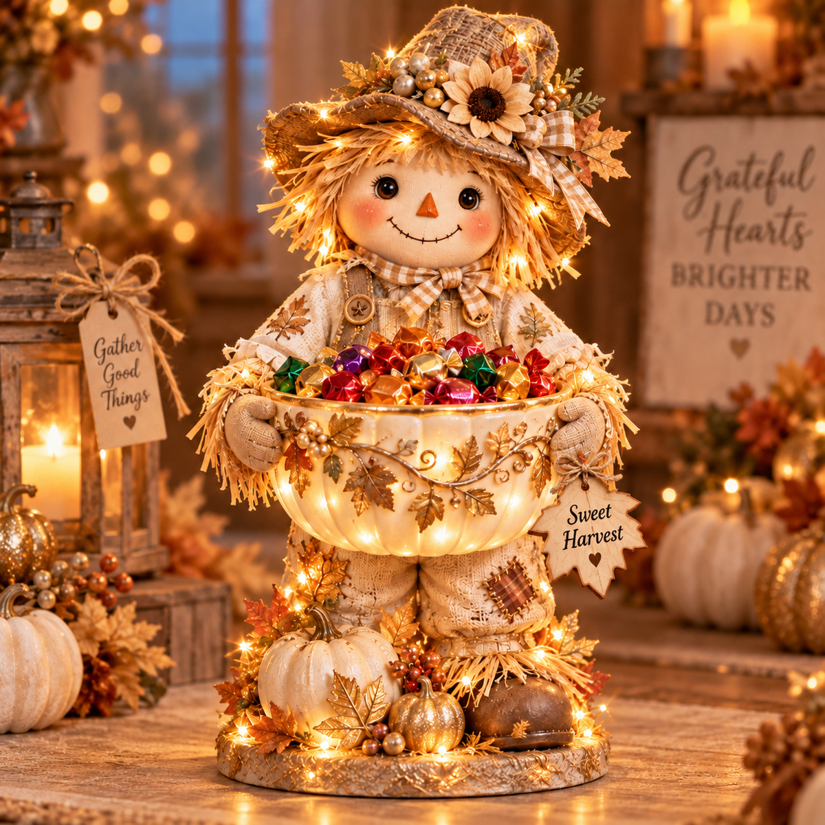 🍂 Harvest Glow™ – Lighted Scarecrow Candy Bowl