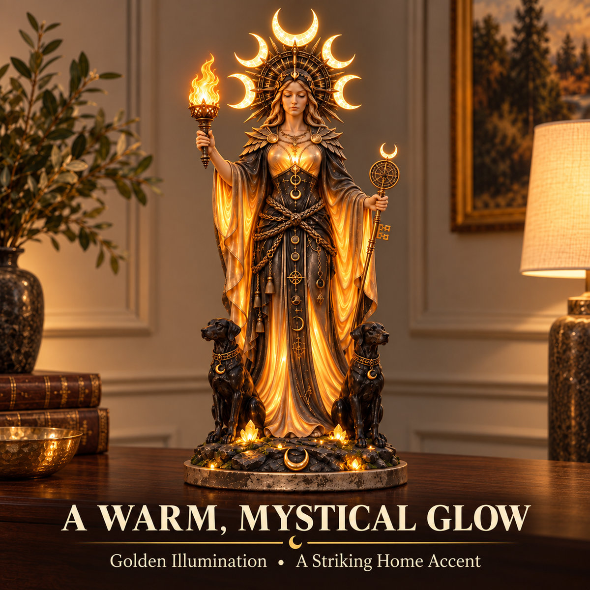 🌙🔥 Hecate Goddess Guardian Statue | Lighted Triple Moon Goddess with Twin Hounds, Torch & Key