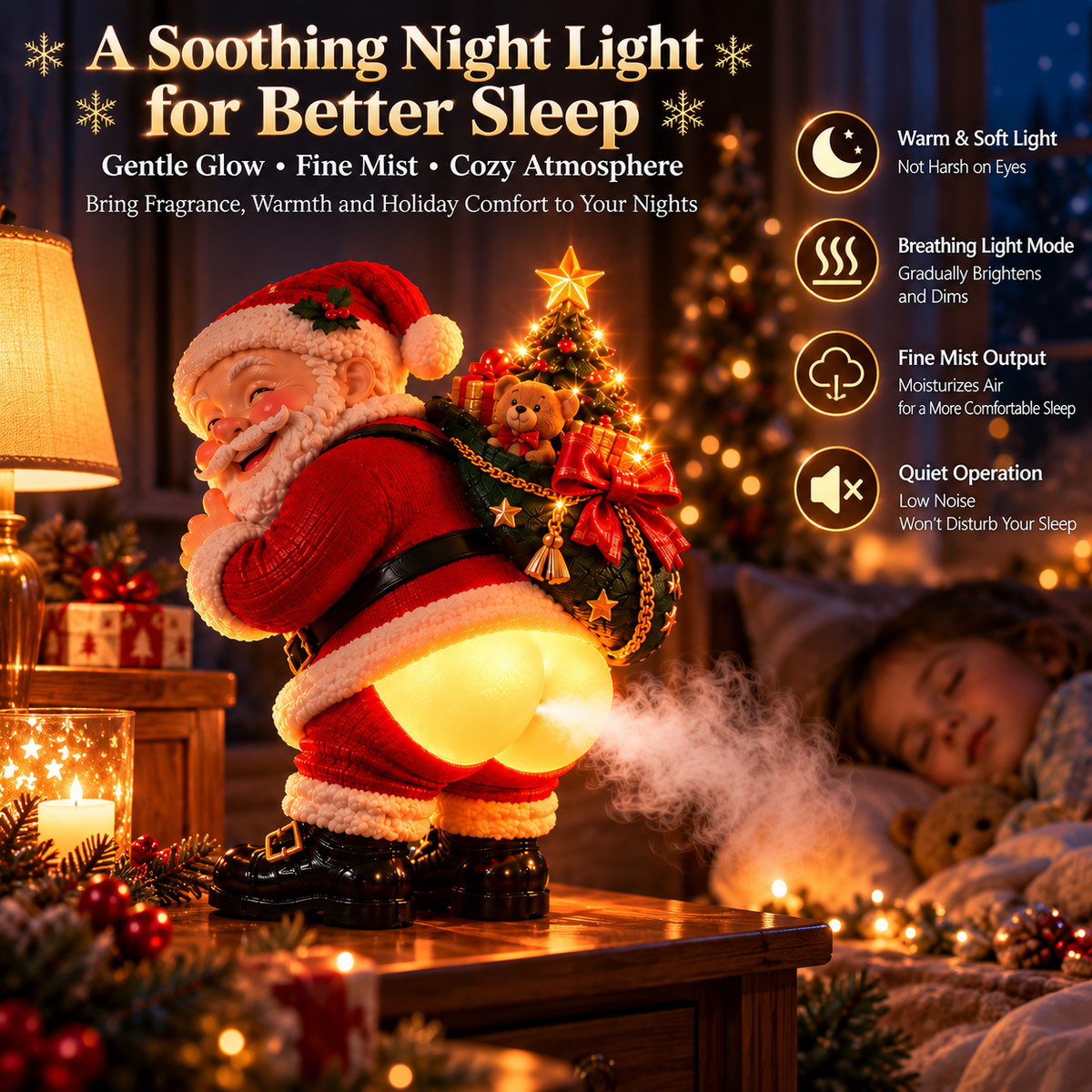 🎅💨 Cheeky Santa™ – Funny Christmas Mist Diffuser & Warm LED Night Light | 3 Lighting Modes