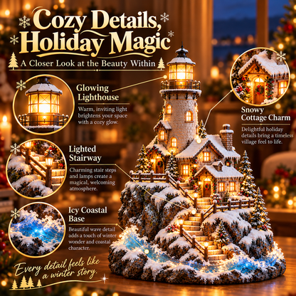 ❄️ Winter Lighthouse Cottage Glow — Lighted Coastal Christmas Village ✨