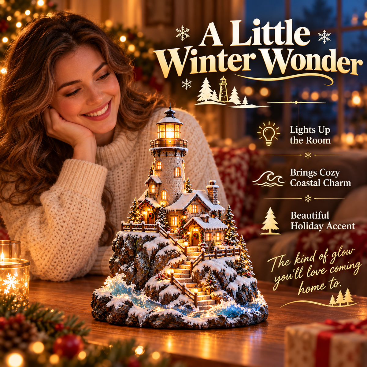 ❄️ Winter Lighthouse Cottage Glow — Lighted Coastal Christmas Village ✨