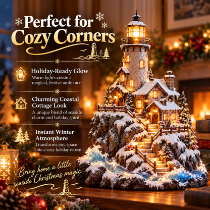 ❄️ Winter Lighthouse Cottage Glow — Lighted Coastal Christmas Village ✨