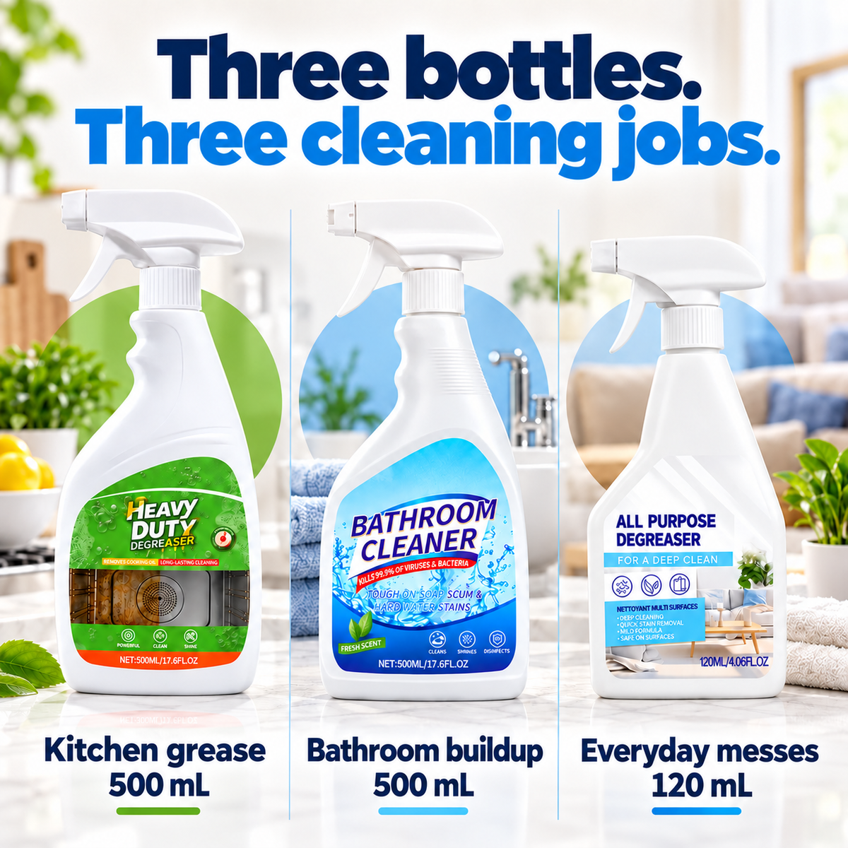 🧽 Whole Home Cleaning Bundle – 3-Bottle Set for Kitchen, Bathroom & More ✨