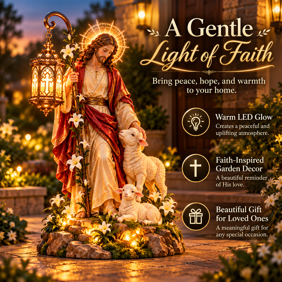 ✨ Good Shepherd Lantern Garden Statue — A Gentle Light of Faith & Hope 🕊️