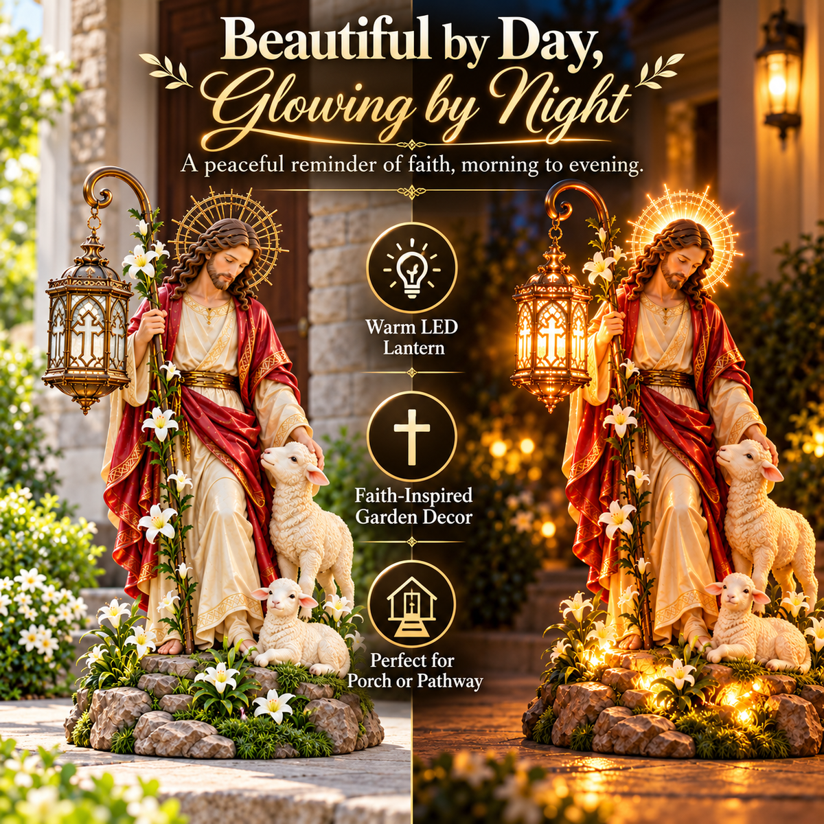 ✨ Good Shepherd Lantern Garden Statue — A Gentle Light of Faith & Hope 🕊️