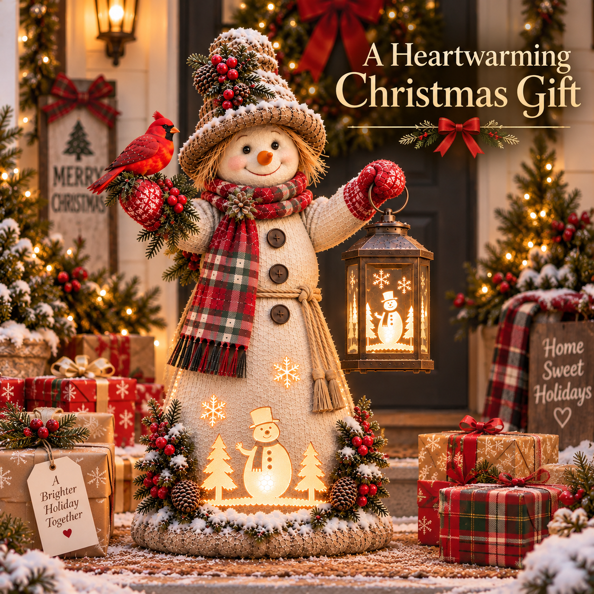 🎄✨ Christmas Scarecrow Glow™ – Light-Up Cardinal & Winter Lantern Porch Decor