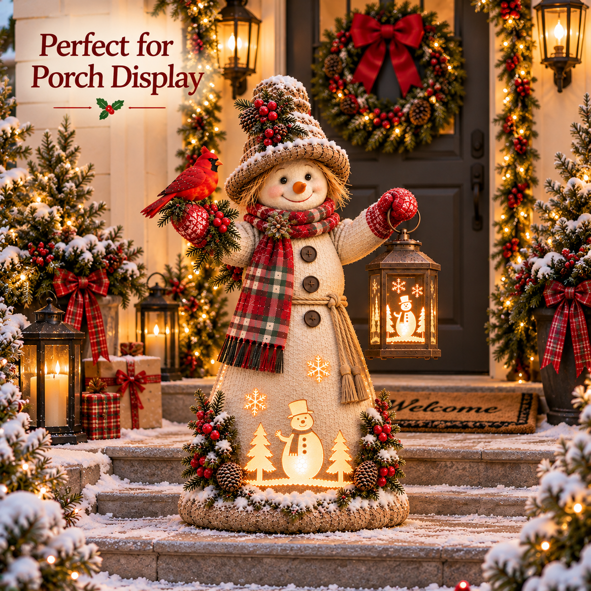 🎄✨ Christmas Scarecrow Glow™ – Light-Up Cardinal & Winter Lantern Porch Decor