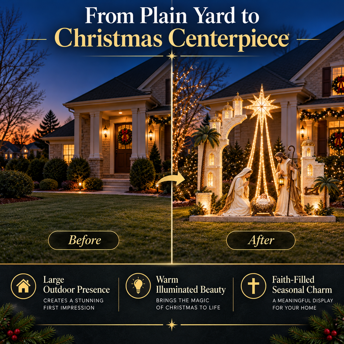Illustrative before and after comparison showing a plain yard and a Christmas nativity centerpiece
