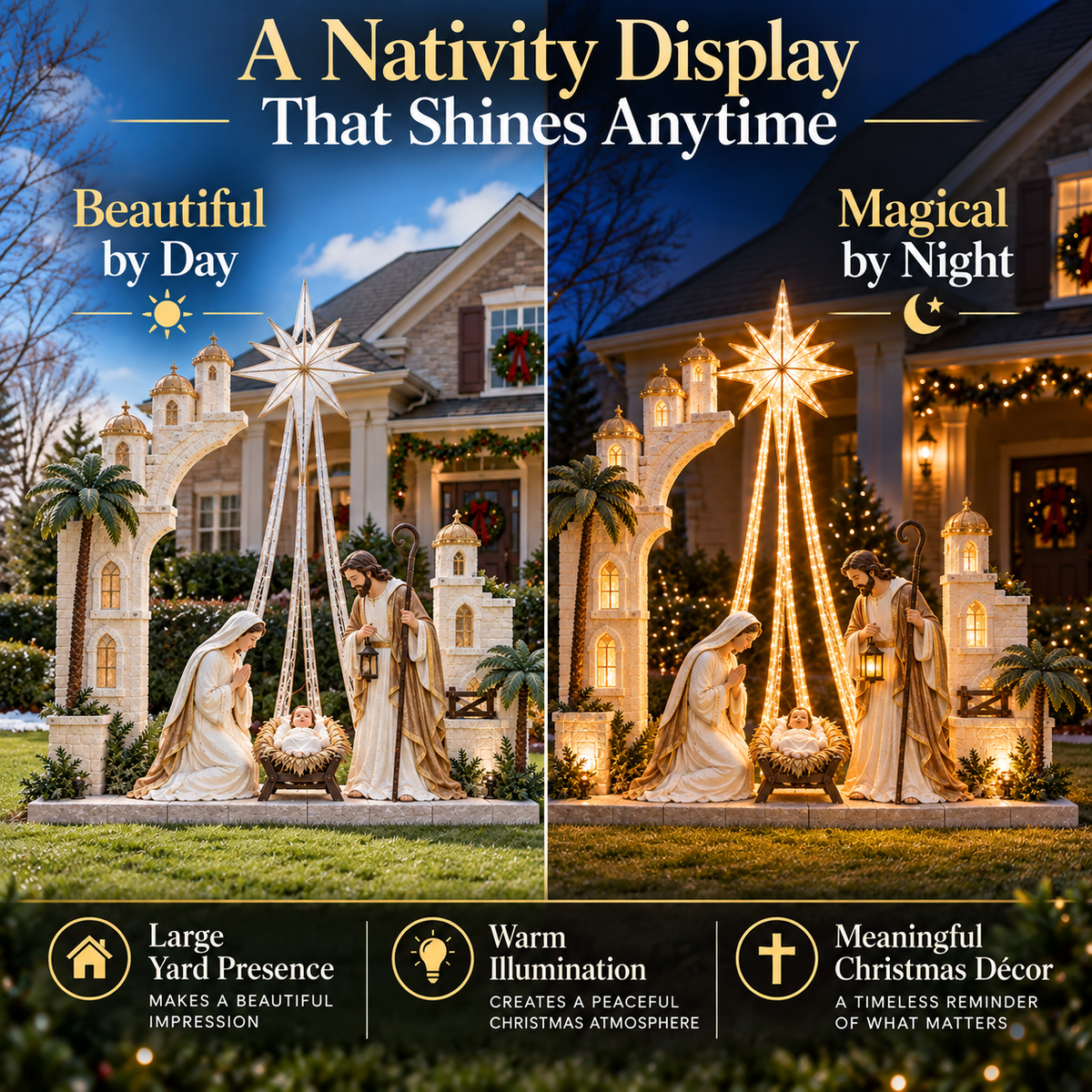 Day and night comparison of Christmas nativity star light outdoor display