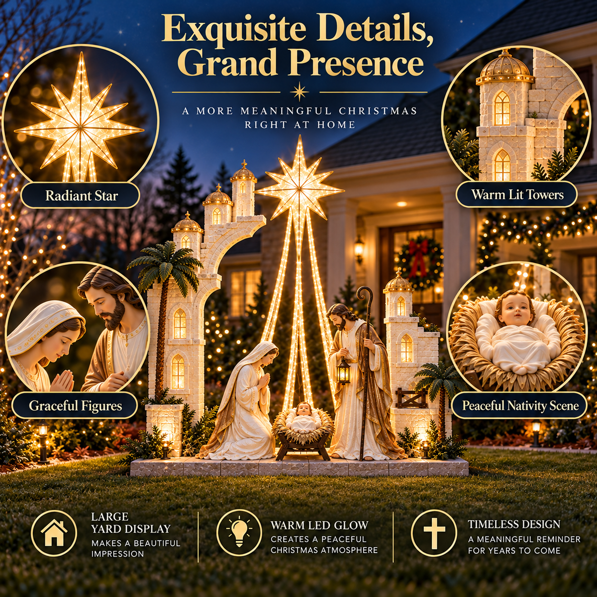 Detailed nativity display highlighting the illuminated Bethlehem star and decorative towers
